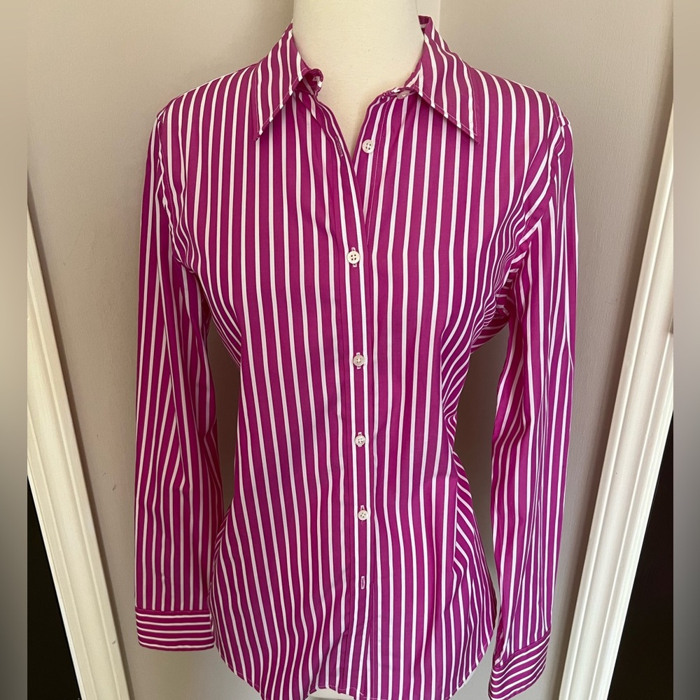 EUC Lauren Ralph Lauren Pink & White Striped Button-Down Shirt